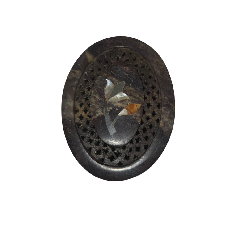 Stone Marble Oval Trinket Jewelry Box Lid Inlay Flower Floral India Soapstone